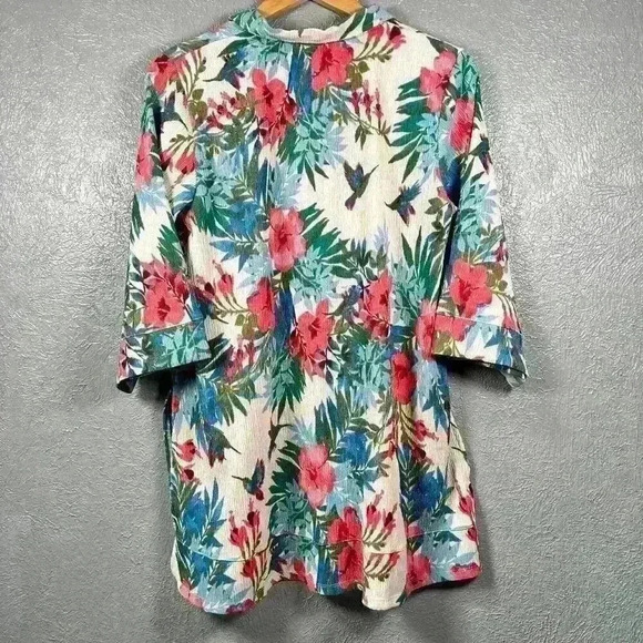 CUDDLE DUDS Tropical Floral 3/4 Sleeve Tunic Shirt Caftan Crinkle Crepe Women XS - Picture 11 of 13